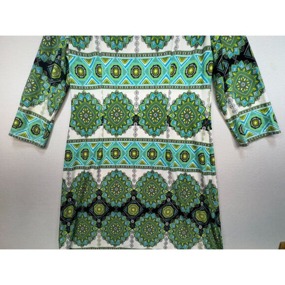 Maggy London Womens Geo Midi Shift Dress Size 12 Green Blue 3/4 Sleeve Work Boho - Picture 11 of 12
